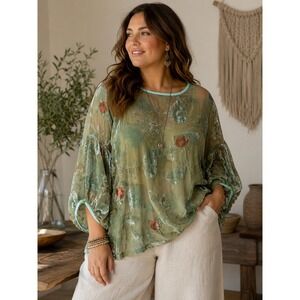 Burnout Velvet Floral Sheer Boho Blouse Sage Green Balloon Sleeve SOOLINEN 2XL